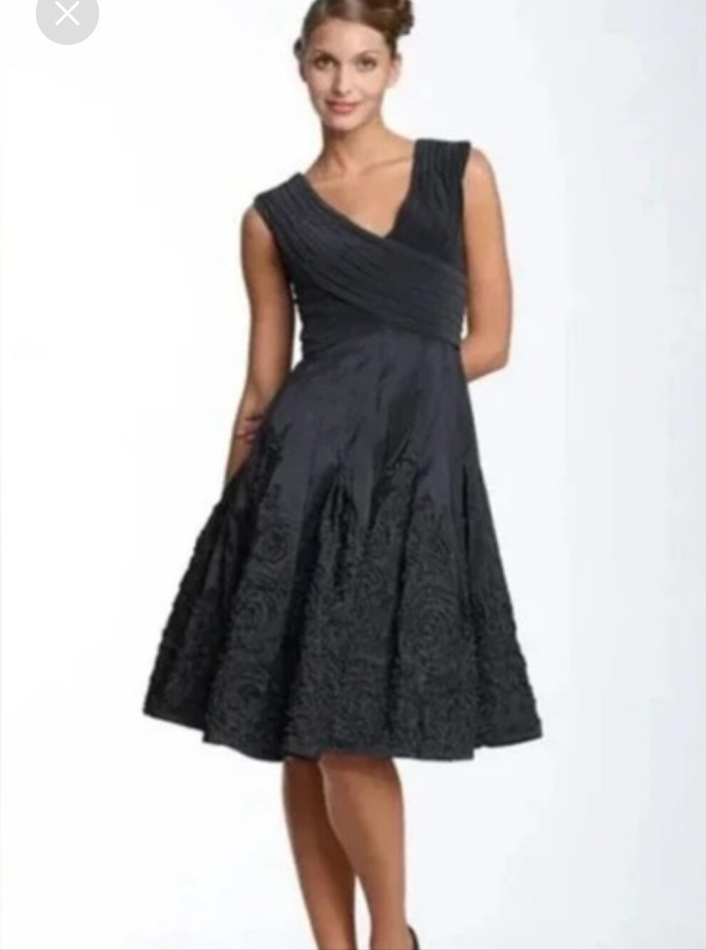 Adrianna Papell Black V-Neck Fit-and-Flare Dress with Rosette Skirt